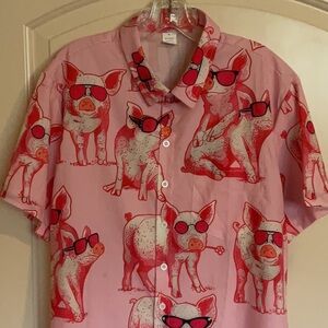 Funky Pig Sunglasses Men’s Button Down Hawaiian Bowling Shirt- Size Large
